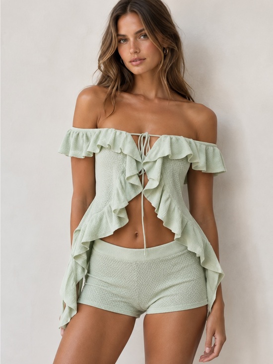 Peppermayo Tops - Peppermayo Bowen Mint Ruffle Tie Front Off Shoulder Knit Top size XS/S